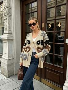 Women's Colorblock Plush V-Neck Cardigan, Front Button Closure, Dropped Shoulder Long Sleeve, Comfortable Knit Sweater For Autumn/Winter Daily Wear - Multicolor - View 5