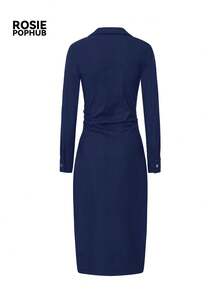 ROSIE POPHUB Women Blue V Neck Long Sleeve Faux Denim Elegant Midi Dress Ruched Waist Slim Fit Work Daily Going-Out Shirt Dress For Fall & Winter - Blue - View 9