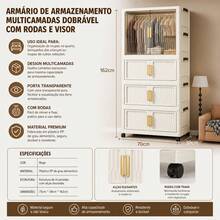 Guarda‑Roupa Armário Dobrável 4 Camadas Plástico PP Bege 75x34x162cm, Janela Transparente Visível, Módulo Para Pendurar Roupas, Alças Douradas, Rodas Universais Giratórias, Montagem Fácil, Empilhável com Travas Seguras,Ideal para Quarto Infantil, Quarto Principal, Sala de Estar para organizar roupas e brinquedos c - Bege - Visão 3