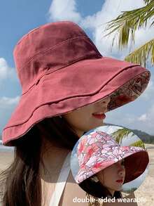 1件女款可反穿花卉印花遮陽帽，防紫外線寬邊全臉遮陽帽，適合海灘與度假 - 雙面漁夫帽 - 查看 2