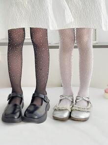 2雙女童兒童嬰兒網襪褲襪，黑色白色素色，連腳網襪褲，亮片貼布與水鑽裝飾，薄款高彈力連腳襪褲，網襪舞褲，適合日常、學校、可愛風格，春夏四季通用，適合學生日常聚會，可搭配裙子、短褲、小皮鞋，開學季新學期校園教室穿搭 - 彩色 - 查看 1