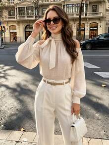 Polka Dot Print Open Shoulder Tie-Up Chiffon Blouse, Summer Vacation White - White - View 2