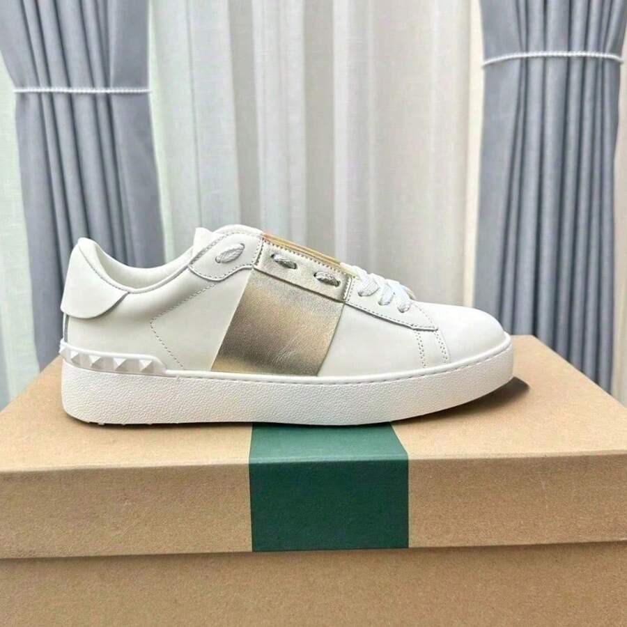 White Leather Sneakers With VL Rivets, Plus-Size Couple's Skating Shoes In Stock, Casual Platform Shoes, Lightweight Color-Block Sneakers - 金色 - 查看 1