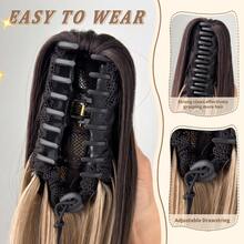 HEYPINK Claw Shaped Ponytail Extension Hair Accessory Brown Gold Burgundy Gradient Brown 38 Inch Long Wave Heat-Resistant Fiber Synthetic Ponytail Wig, Suitable For Women's Parties And Daily Use, Halloween - Black Brown - View 7