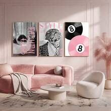 1 Pc Pink Disco Ball Wall Art Set Leopard Vinyl Record Lucky Ball Poster Prints Preppy Aesthetic Canvas Pictures For Girly Bedroom Living Room Dorm Decor Unframed - Multicolor - View 1