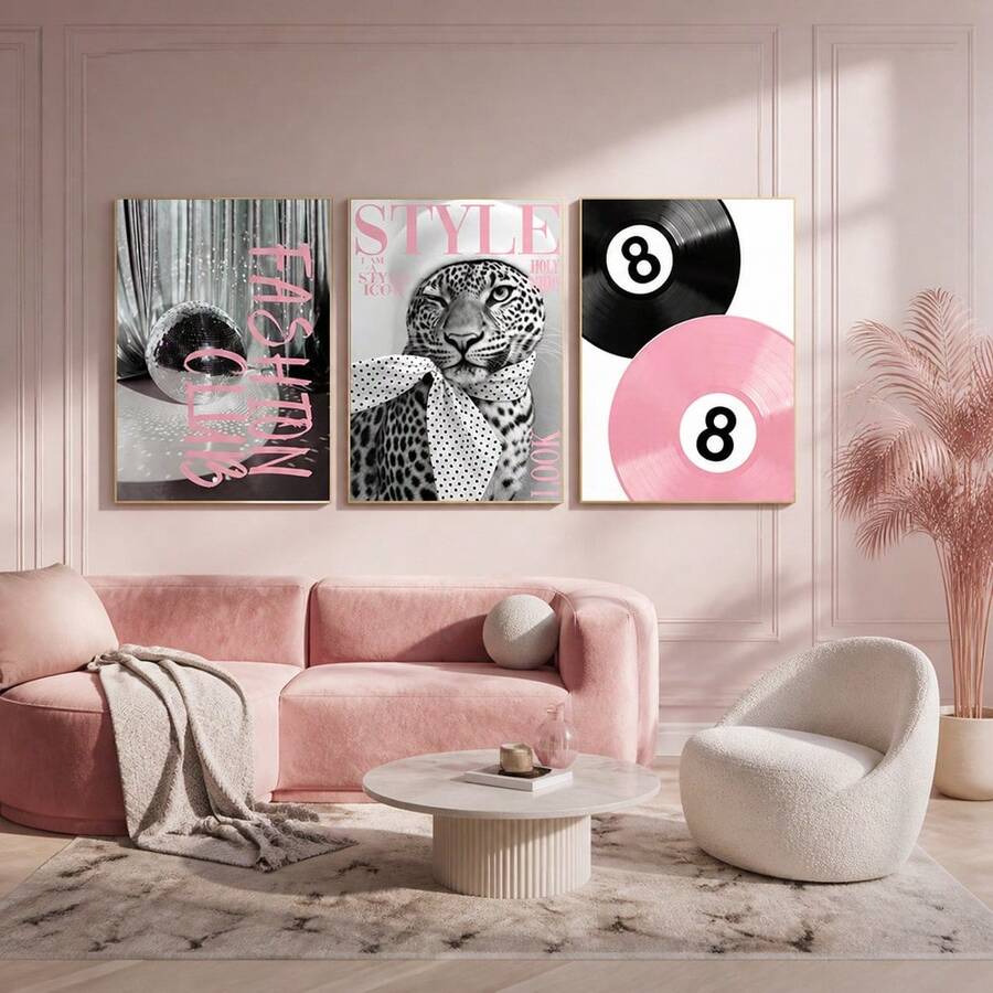 1 Pc Pink Disco Ball Wall Art Set Leopard Vinyl Record Lucky Ball Poster Prints Preppy Aesthetic Canvas Pictures For Girly Bedroom Living Room Dorm Decor Unframed - Multicolor - View 1