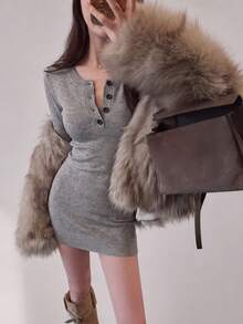 Women's Grey Knit Sweater Dress, Long Sleeve Fitted Short Pencil Skirt With Button Detail, Suitable For Autumn/Winter Season - Grey - View 6