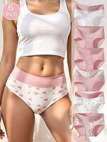6pcs Pink Heart Print High Waist Cotton Women's Triangle Panties, Comfortable Bodycon Underwear - Multicolor - View 1