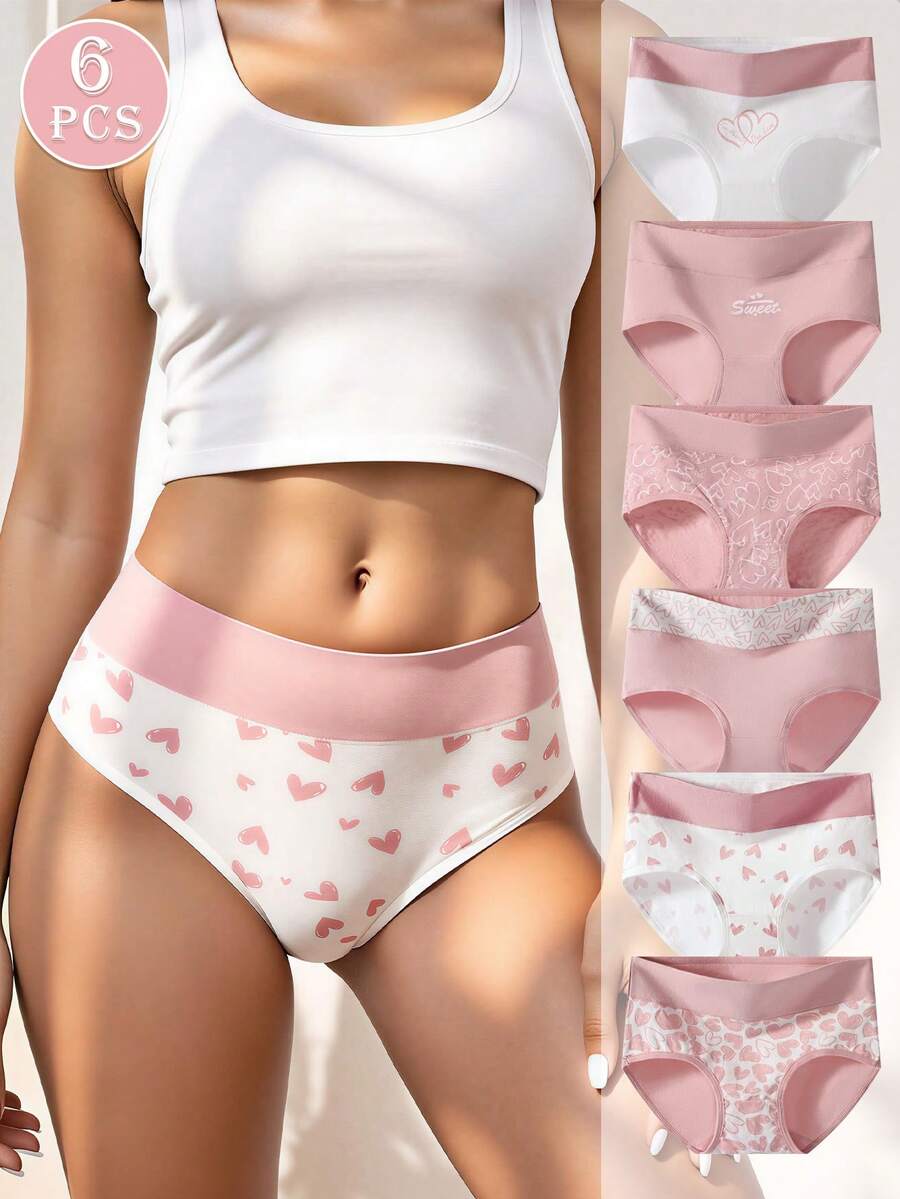 6pcs Pink Heart Print High Waist Cotton Women's Triangle Panties, Comfortable Bodycon Underwear - Multicolor - View 1
