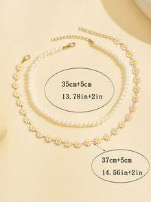 2pcs Fashion Girls Classic Faux Pearl Beaded Daisy Collarbone Necklace Set, Exquisite Jewelry For Daily Wear, Outings, Vacation, Neck Accessory, Best Gift Choice - Multicolor - View 4