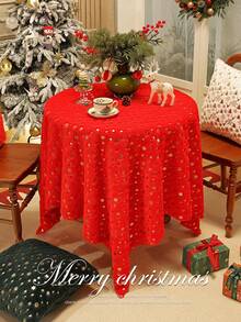 1pc Red Christmas Snowflake Foil Printed Velvet Tablecloth, Gold Christmas Snowflake Pattern Dining Tablecloth, Rectangular Tablecloth Christmas Holiday Restaurant Home Decor - Red - View 7