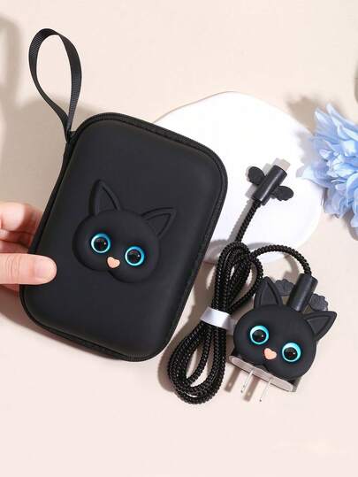 6pcs Black Cat Data Cable Storage Bag And Cable Winder, TPU Charging Head Protective Case, Suitable For 18/20 Series, 20W Fast Charging Cable Storage And Protection