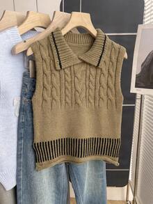 1pc Vintage Style Cable Knit Contrast Color Vest, New Layering Piece, Youthful Lapel Sleeveless Sweater - Camel - View 3