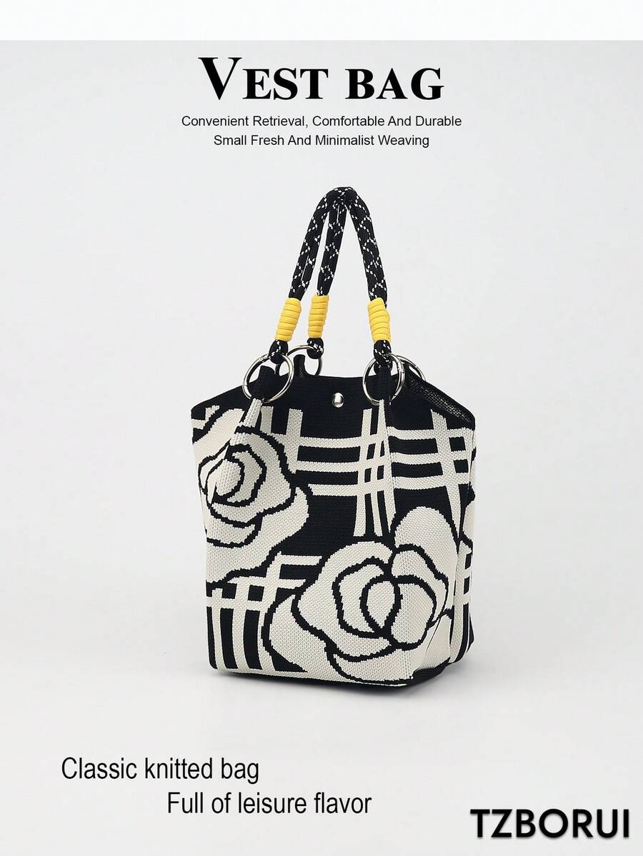 This Colorblock Casual Women's Handbag Features Black And White Woven Rope Handle Design, Perfect For Working Women, Teachers And Students - Black - View 1