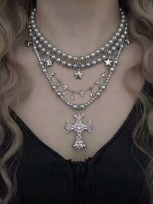 1pc Gothic Hip-Hop Punk Style Geometric Faux Pearl Rivet Pendant Necklace, Suitable For Men And Women To Wear For Daily, Party, Gathering - Silver - View 14