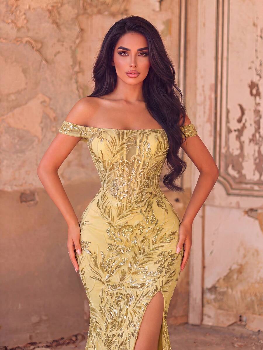 Luxury Cold Shoulder Corset Evening Gown, Botanical Sequin Design, High Slit And Heart-Shaped Neckline, Suitable For Banquets, Galas, Charity Balls - Champagne - View 1