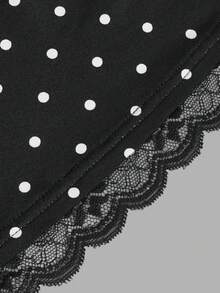 minisummer Women Elegant Autumn Polka Dot Long Sleeve Mini Dress, V Neck Lace Trim Drawstring Ruched Flared Sleeve A Line Dress - Black and White - View 8