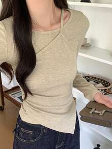 Korean Style Asymmetrical Long Sleeve T-Shirt Women Autumn/Winter Slim Fit Inner Layer Short Length 2 In 1 Soft Style Top - Apricot - View 2