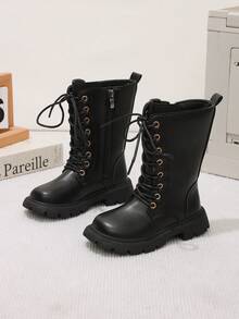 1 Pair Spring/Autumn New Casual Fashion Warm Comfortable Round Toe Mid-Calf Side Zipper Design Girls Boots, Classic Boots - Black - View 1