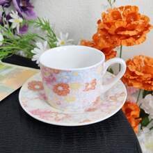 250ml 花卉陶瓷咖啡杯與杯碟套組，歐式下午茶套組，極具吸引力，適合居家使用與送禮 - 橘+粉 - 查看 10