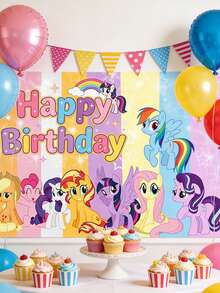 My Little Pony Cartoon Birthday Party Backdrop Banner - Burgundy And Rainbow Striped Birthday Party Photography Background Cloth - Can Be Hung For Photo Taking, Suitable For Birthday Party Photography - Multiple Styles - View 2