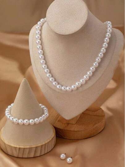 4pcs/Set Girls' Faux Pearl Beaded Necklace, Bracelet And Earrings, Elegant & Delicate Jewelry, Perfect Gift For Parties And Holidays