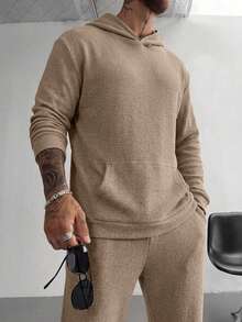 Soft Textured Hoodie & Jogger Pants Set, Kangaroo Pocket Hooded Sweatshirt + Cuffed Sweatpants, Loose Casual 2 Pieces Outfit For Home And Outings - Khaki - View 1