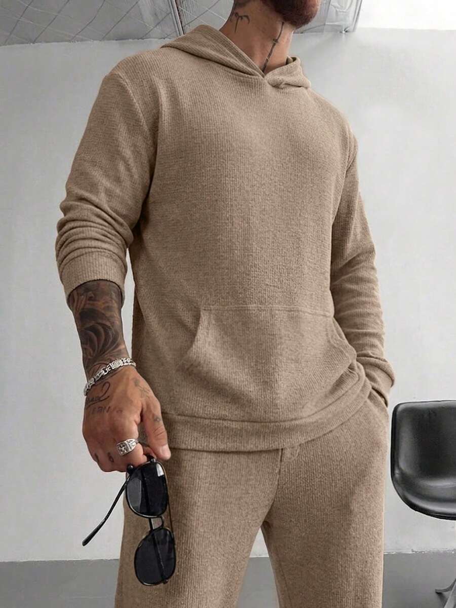 Soft Textured Hoodie & Jogger Pants Set, Kangaroo Pocket Hooded Sweatshirt + Cuffed Sweatpants, Loose Casual 2 Pieces Outfit For Home And Outings - Khaki - View 1