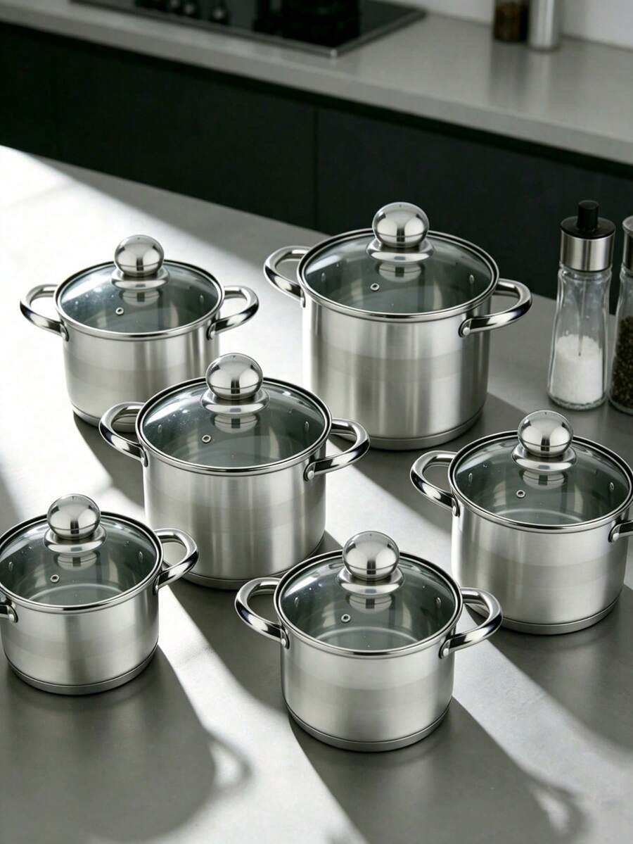 Stainless Steel Stock Pot Set With Glass Lids, Thick Anti‑Scald Handles, Induction‑Compatible Multi‑Size Cookware, Rust‑Resistant Visible Glass Lid, For Soup Stew Boiling Simmering, Perfect For Home Kitchen, Family Daily Cooking & Home Cooks - View 1