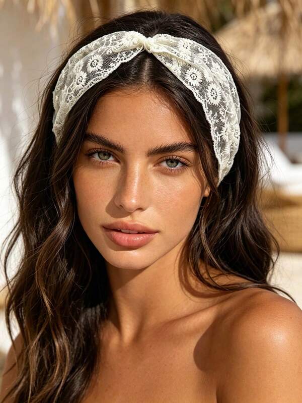 1pc French Vintage Lace Cross Headband, Gentle Vacation Style Hair Accessory, Beach/Daily Versatile Wide Band Decorative Headband