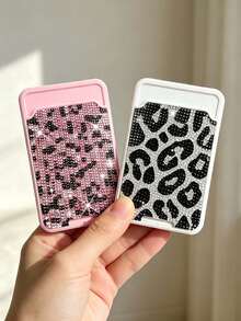 Leopard Print Shiny Diamond Phone Back Card Holder,Phone Back Wallet Pocket,Multifunctional Document Holder,Slim Portable Card Holder,For Couples - Multicolor - View 7