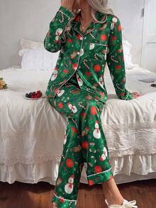 2pcs/Set Women's Satin Christmas Snowman & Candy Cane Print Lapel Long Sleeve Top And Pants Pajama Set - Green - View 1