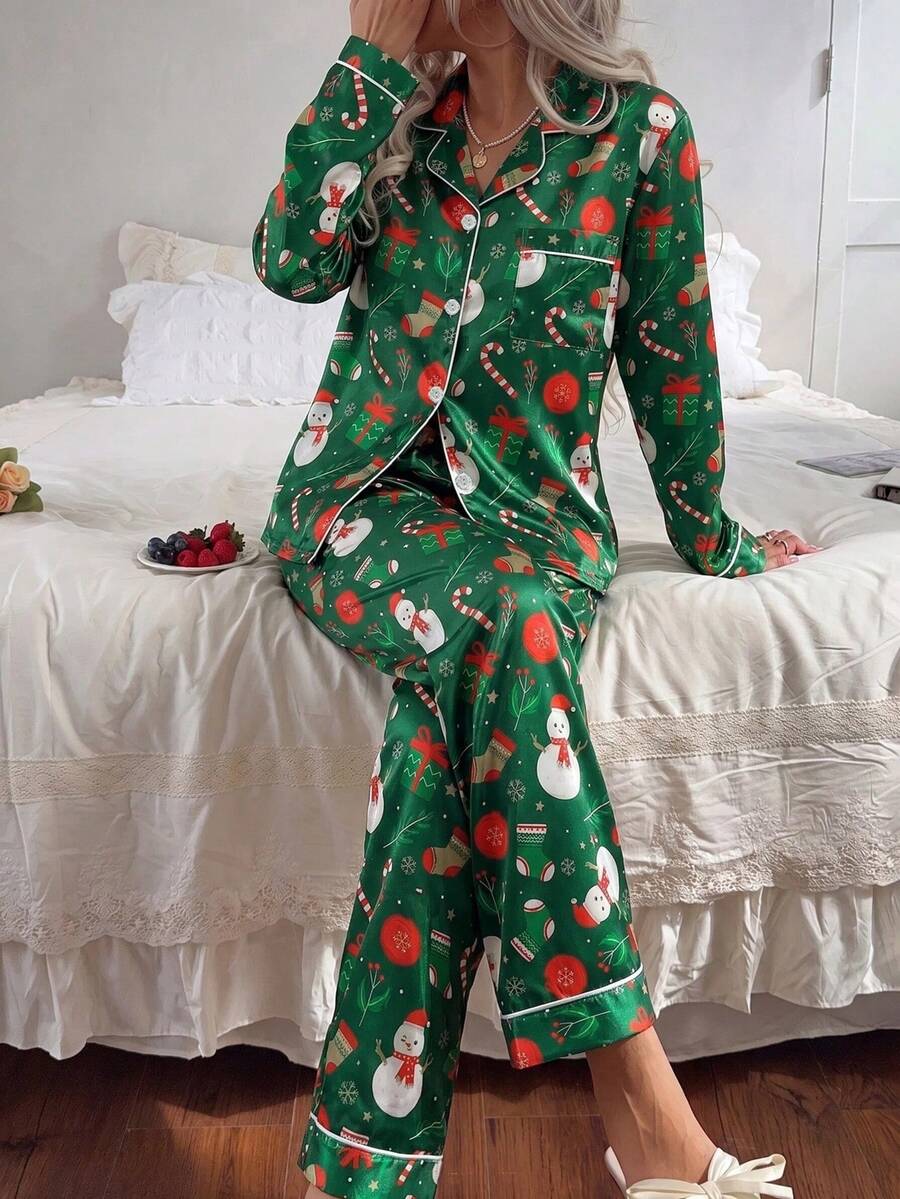 2pcs/Set Women's Satin Christmas Snowman & Candy Cane Print Lapel Long Sleeve Top And Pants Pajama Set - Green - View 1