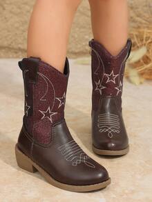 1 Pair Burgundy Glitter Embroidered Girls' Denim Boots, Low Chunky Heel, Mid-Calf Boots, Versatile For Runway And Casual Wear - Burgundy - View 4