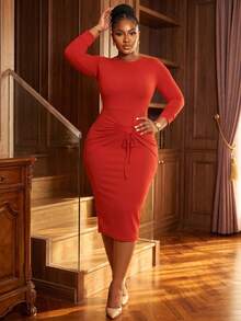 NOU Women's Mid-Length Basic Round Neck Fitted Long Sleeve Dress With Double Layer Cuffs, Ruched Drawstring Detail At Hips, Slim Waist And Bodycon Pencil Skirt Silhouette To Highlight S-Curve Figure - Red - View 1