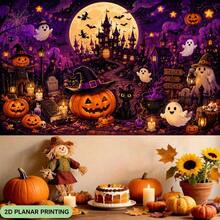 1pc 2D Flat Banner, Halloween Pumpkin House Scene, Polyester Fabric Backdrop, Photo Prop And Home Wall Hanging, Birthday Party And Autumn/Winter Party Banner, Suitable For Halloween And Christmas Decoration, Halloween Tapestry - Multicolor - View 7