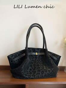 Leopard Print With Subtle Pattern And Metal Buckle Accents, Large Capacity For Multiple Personal Items, Suitable For Commuting, Shopping, Short Trips, Elegant And Fashionable Shoulder Bag - Black - View 8