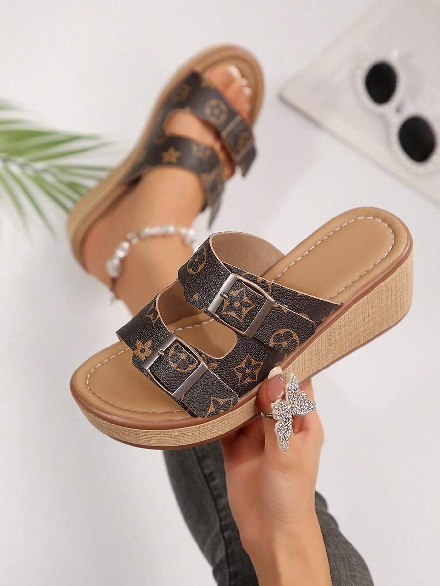 Women's Double Buckle Rhinestone Wedge Slip-On Sandals, Open Toe Woven Thick Sole Summer Slippers - Brown - View 1