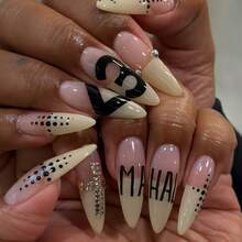 Y2K Gothic-Punk-Style Long Pointed False Nails; Nude-Beige Base, Black Lettering, Polka Dots, Rhinestones, And Steel Beads-Perfect For Women's French Tip Nails For Everyday Wear, Dates, Parties, And Holiday Looks. - Multicolor - View 8