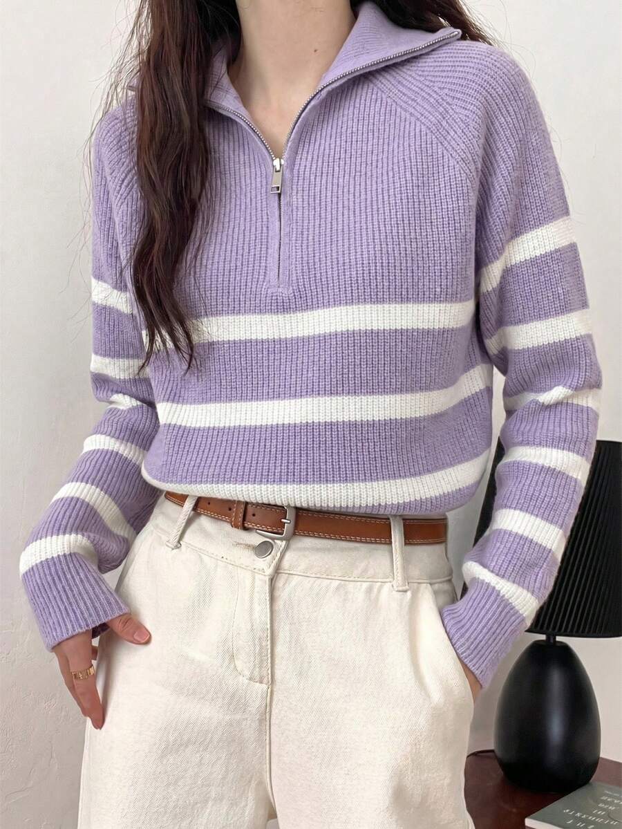 女款拼色條紋拉鍊半開襟翻領長袖針織毛衣 - 淡紫色 - 查看 1