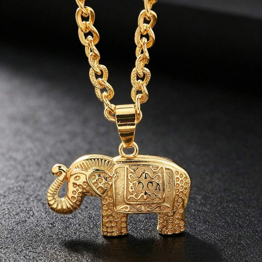 Vintage Embossed Texture 18K Gold Plated Lucky Elephant Copper Necklace Pendant, Unisex, Suitable For Daily Wear And Gatherings, Gift Jewelry - Gold - View 1