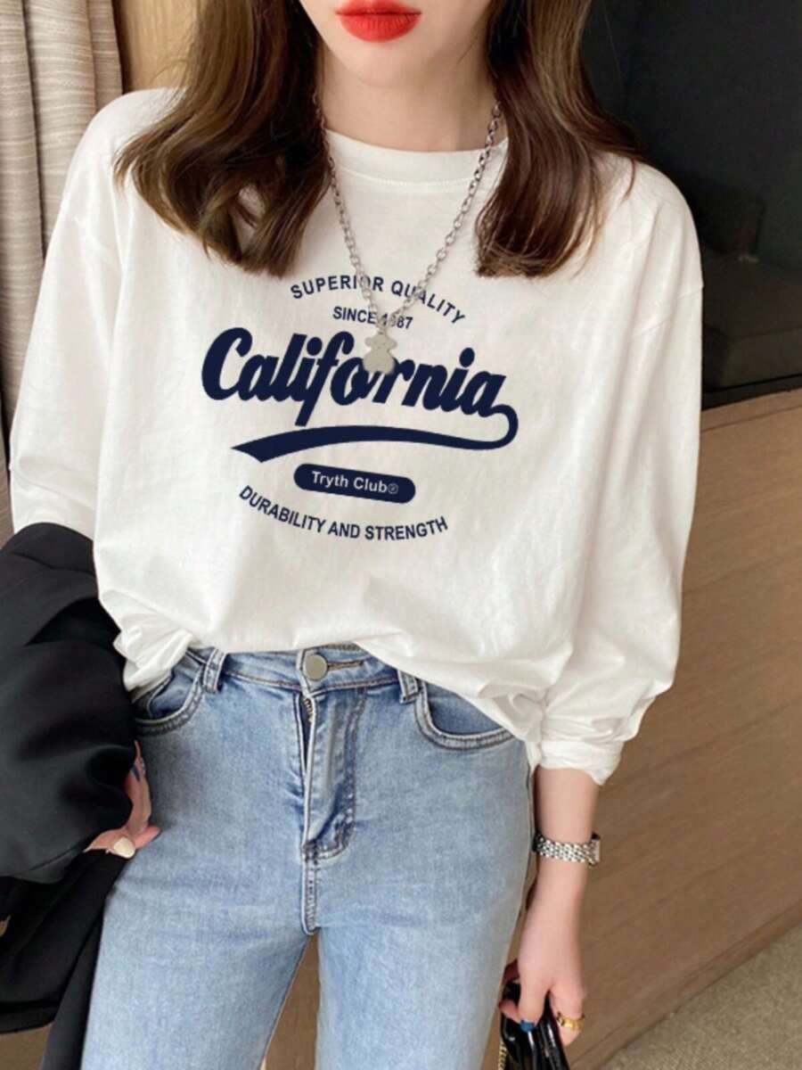 韓式簡約字母印花長袖女款T恤,寬鬆慵懶修身百搭圓領內搭外穿上衣 - 白色 - 查看 1