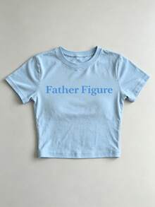 Father Figure Tee Y2k Aesthetic Tee Y2k Tee Funny Slogan  Tee Y2k Crop Top 2000s Fashion Top 90s Era Tee-Loose-Fit Easy Relaxed Style, - 淺藍色 - 查看 6