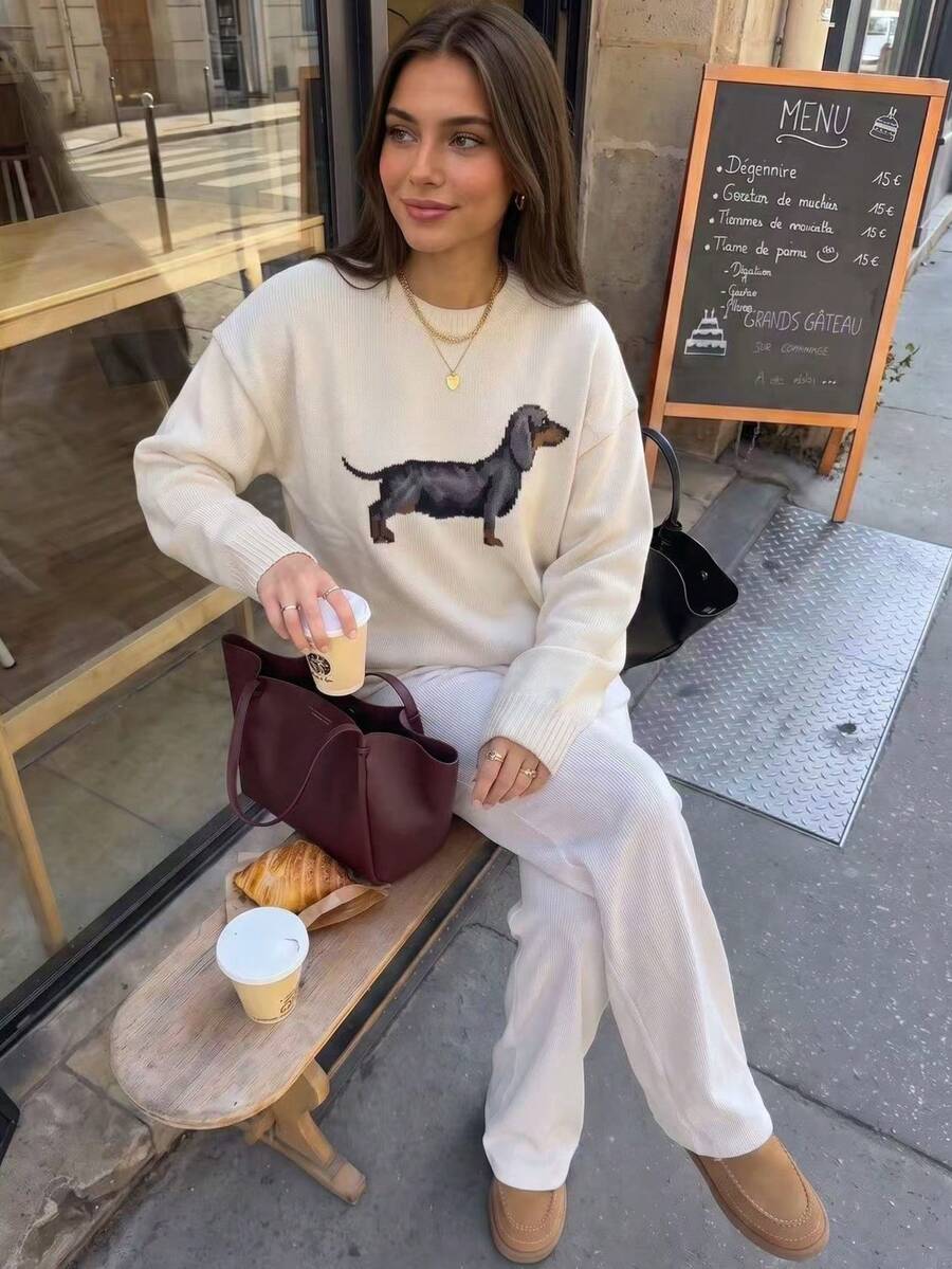 Sweater Kasual Retro Bergambar Anjing Dachshund untuk Musim Gugur/Dingin Wanita, Cocok untuk Liburan Musim Gugur - Krem - View 1
