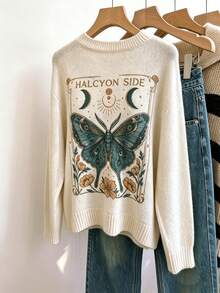 Women's Pullover Sweater, Elegant Butterfly And Floral Print, Long Sleeve Ribbed Knit Top, Medium Stretch, Suitable For Autumn/Winter Wear - Apricot - View 2