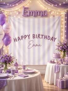 1pc-Personalized Birthday Banners, Customized Birthday Tapestries, Bohemian-Style Birthday Background Walls, Purple-Striped Birthday Banners, Fabric Birthday Signs, Outdoor Wall Art Backgrounds, Birthday Gifts - Multicolor - View 4