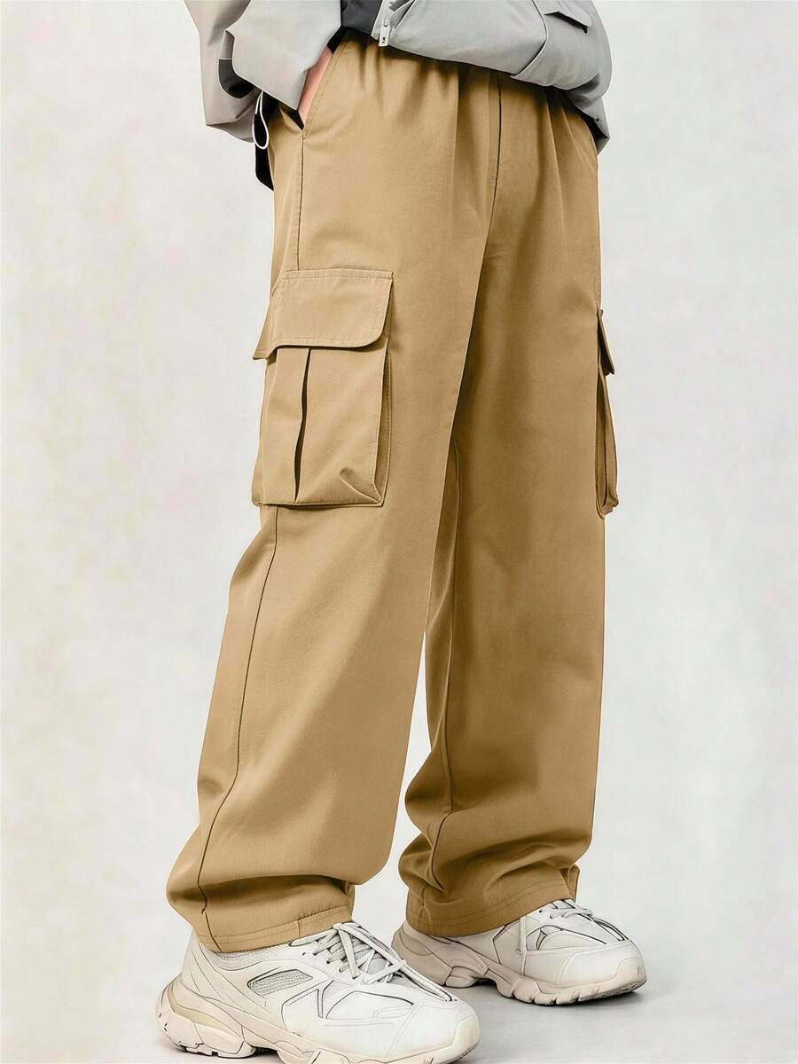 Boys' Street Style Solid Color Wide Leg Cargo Pants, Multi-Pocket Elastic Waist School Uniform Pants - Khaki - View 1