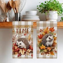 2PCS Kitchen Towel, Autumn Plaid Maple Leaf Hedgehog Pattern, 40*60cm Rectangular Microfiber Kitchen Towel, Dishcloth, Tablecloth, Hand Towel, Kitchen Decor, Home Decor, Neighbor Housewarming Gift, Kitchen Napkin And Dishcloth, Home Decor, Gift, Perfect For Kitchen And Bathroom Use - Light Grey - View 7