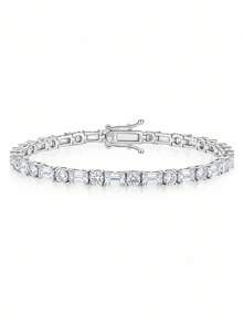 Besthing 1件 S925 純銀 12.6CT 莫桑鑽網球手鍊，長方形與圓形鑽石交替設計，時尚奢華風格，晚宴派對週年紀念禮物珠寶 - 銀色 - 查看 4