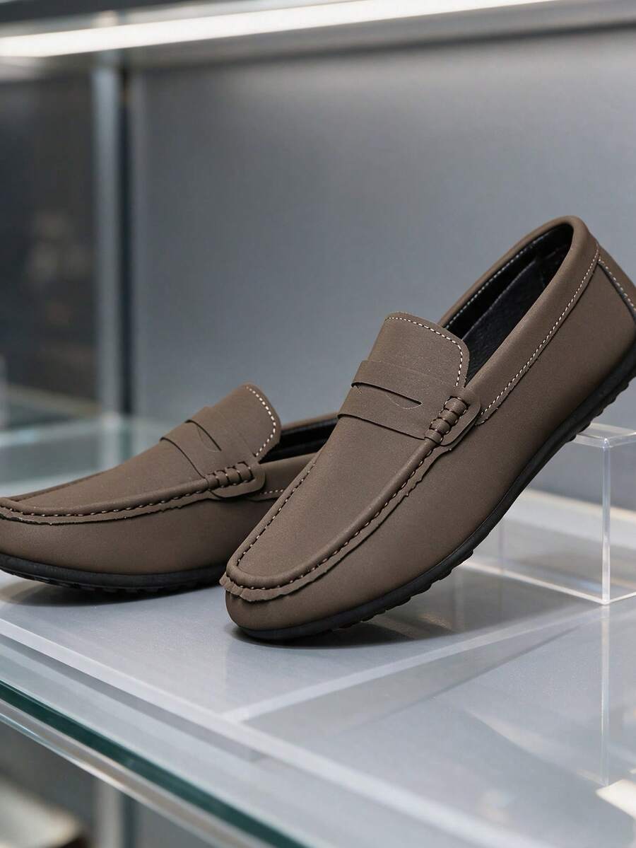 Mocassins Clássicos Masculinos Slip-On, Sapatos Casuais de Negócios em Couro, Sapatos de Dirigir Confortáveis e Leves para Caminhada - Café - Visão 1